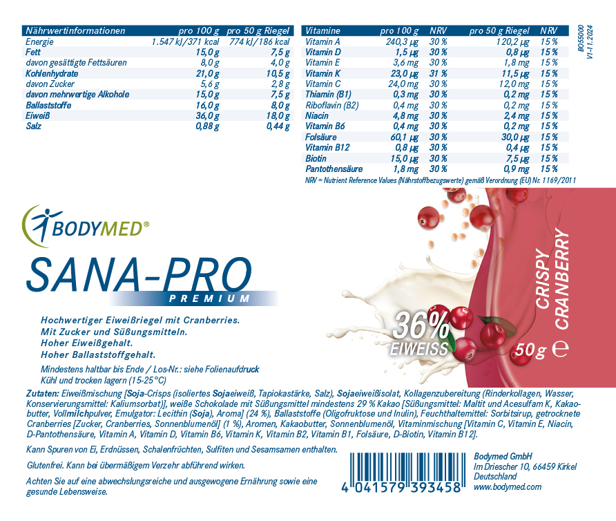 Bodymed Riegel SANA-PRO Premium Crispy Cranberry (5 St.)
