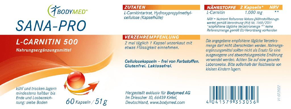 Bodymed SANA-PRO L-Carnitin 500mg - 60 Tabletten im Shop kaufen