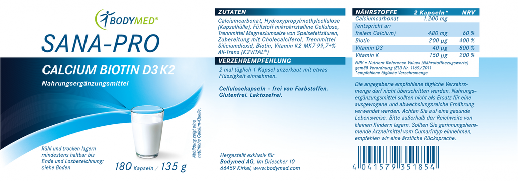 Bodymed SANA-PRO Calcium Biotin D3 K2 - 180 Kapseln